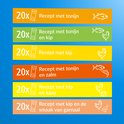 Gekleurde banden met tekst: 20x Recept met tonijn, 20x Recept met tonijn en kip, 20x Recept met kip, 20x Recept met tonijn en zalm, 20x Recept met kip en kaas, 20x Recept met kip en garnalen.