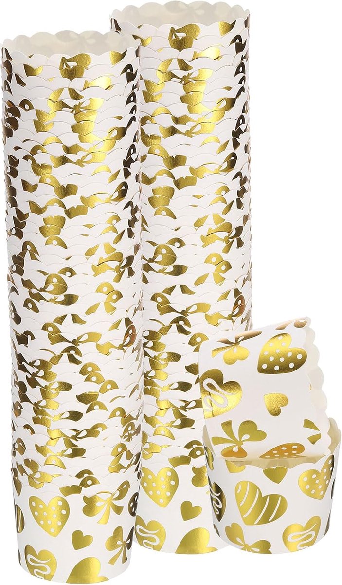 100 stuks papieren bakvormpjes 6 oz cupcake-hoezen met golvende muffinvormpjes wegwerp vetbestendige containers voor verjaardagsfeest, gouden hart