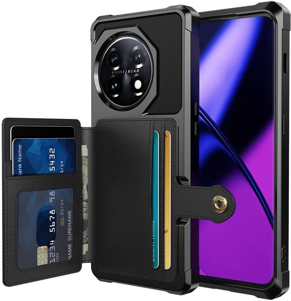 Hoesje voor de OnePlus 11-3 in 1 Back Cover met Pasjeshouder - Telefoonhoesje voor Pinpas met Kaarthouder op Achterkant - Case met Magneet voor Auto Houder Zwart
