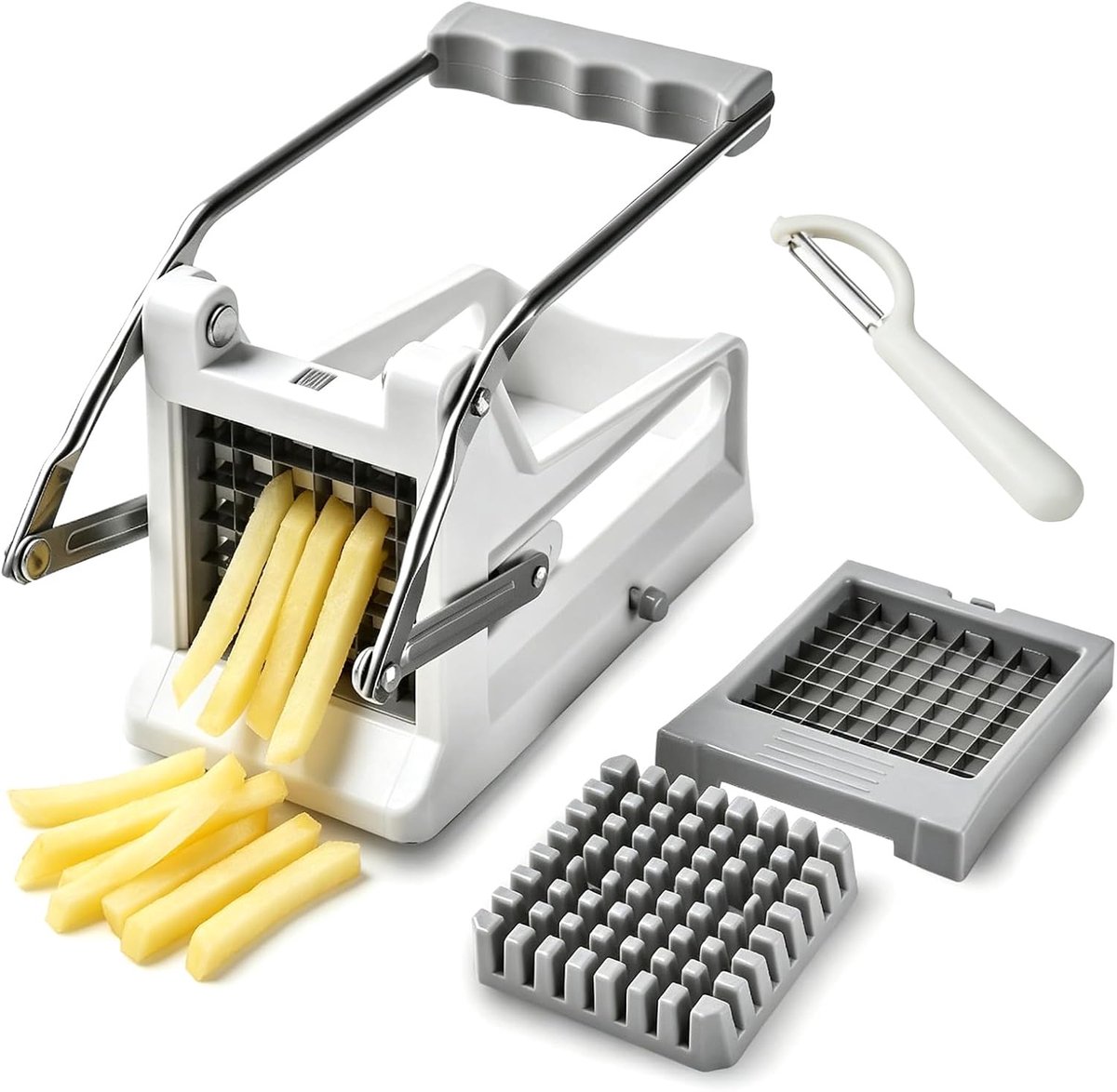 Roestvrij staal, aardappelsnijder met 2 snijmaten (8 & 12 mm), frietsnijder met antislip rubberen voet & ergonomische handgreep, incl. dunschiller