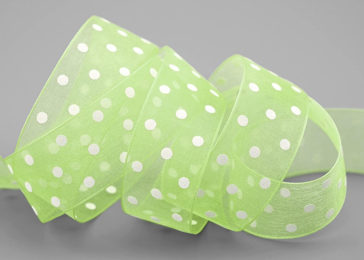 20 m x 25 mm decoratielint chiffon punten groen lichtgroen lindegroen met vormvaste randen cadeaulint transparant organza bruiloft verjaardag Pasen kinderen stippen gestippeld