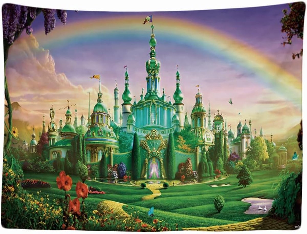 - Kasteel paleis regenboog sprookjes - wandtapijt - 200 x 150 cm - groot wandtapijt - posterversiering - decoratie - behang - canvas - schilderij - accessoires ruimteverdeler - groen