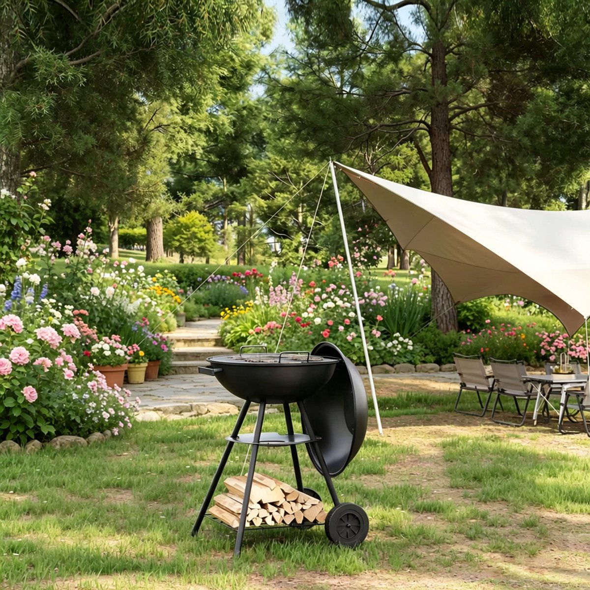 Houtskoolbarbecue Rond Met Deksel En Wielen 45,5 Cm Metaal En Kunststof Zwart Voor Tuinfeest En Kamperen
