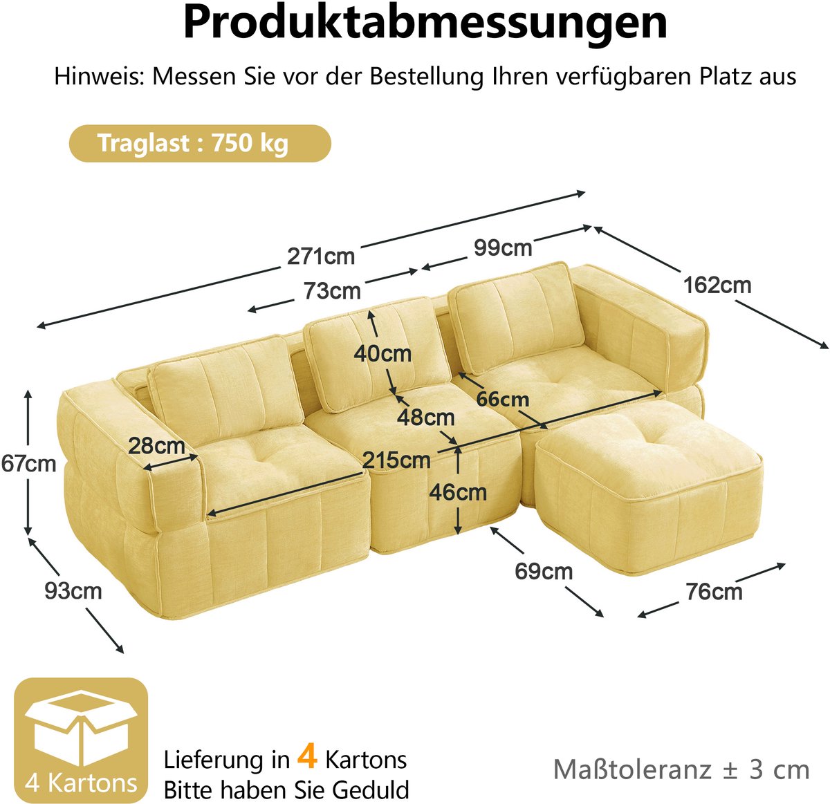 MIVRAY Hoekbank 3-Zits 271 X 162 X 67 Cm L-Vormig Modulair Zonder Armframe Met 1 Voetenbank Polyester Geel Voor Woonkamer