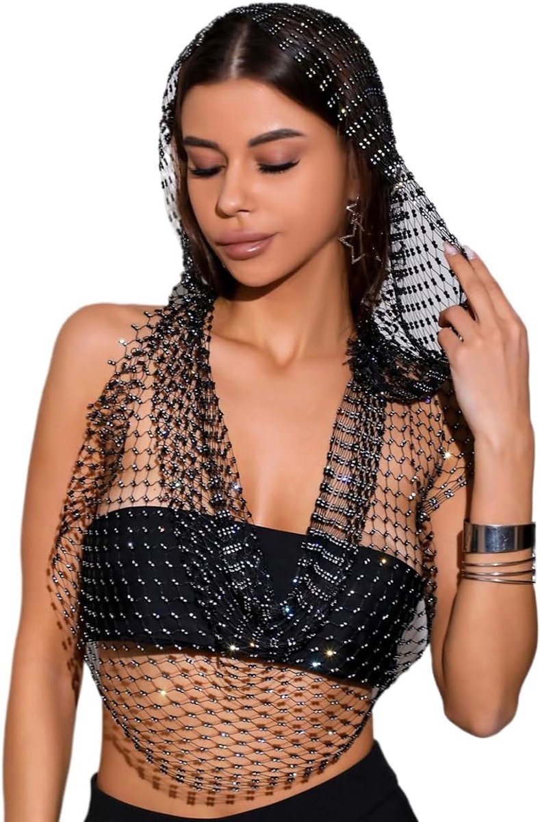 Mesh tops voor vrouwen, sexy capuchon shirt uitgehold tops party clubwear bikini crop top