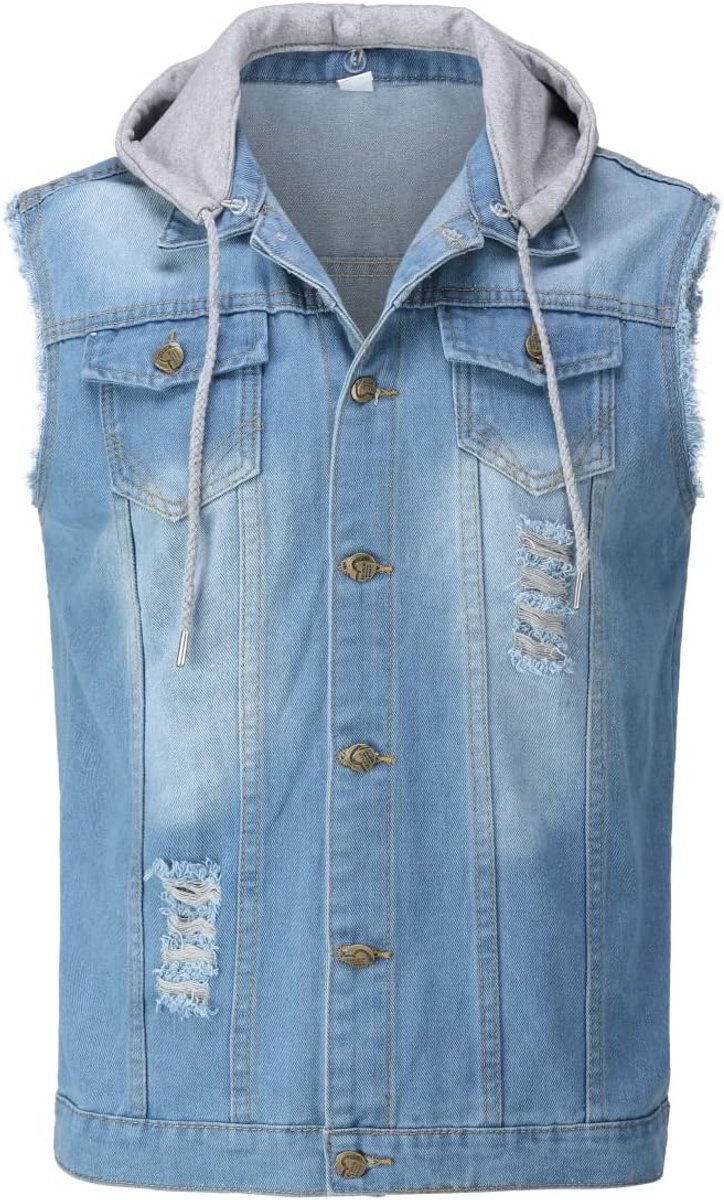 Heren denim gilet met capuchon casual vintage gescheurde bovenkleding gilets cowboy mouwloos vest