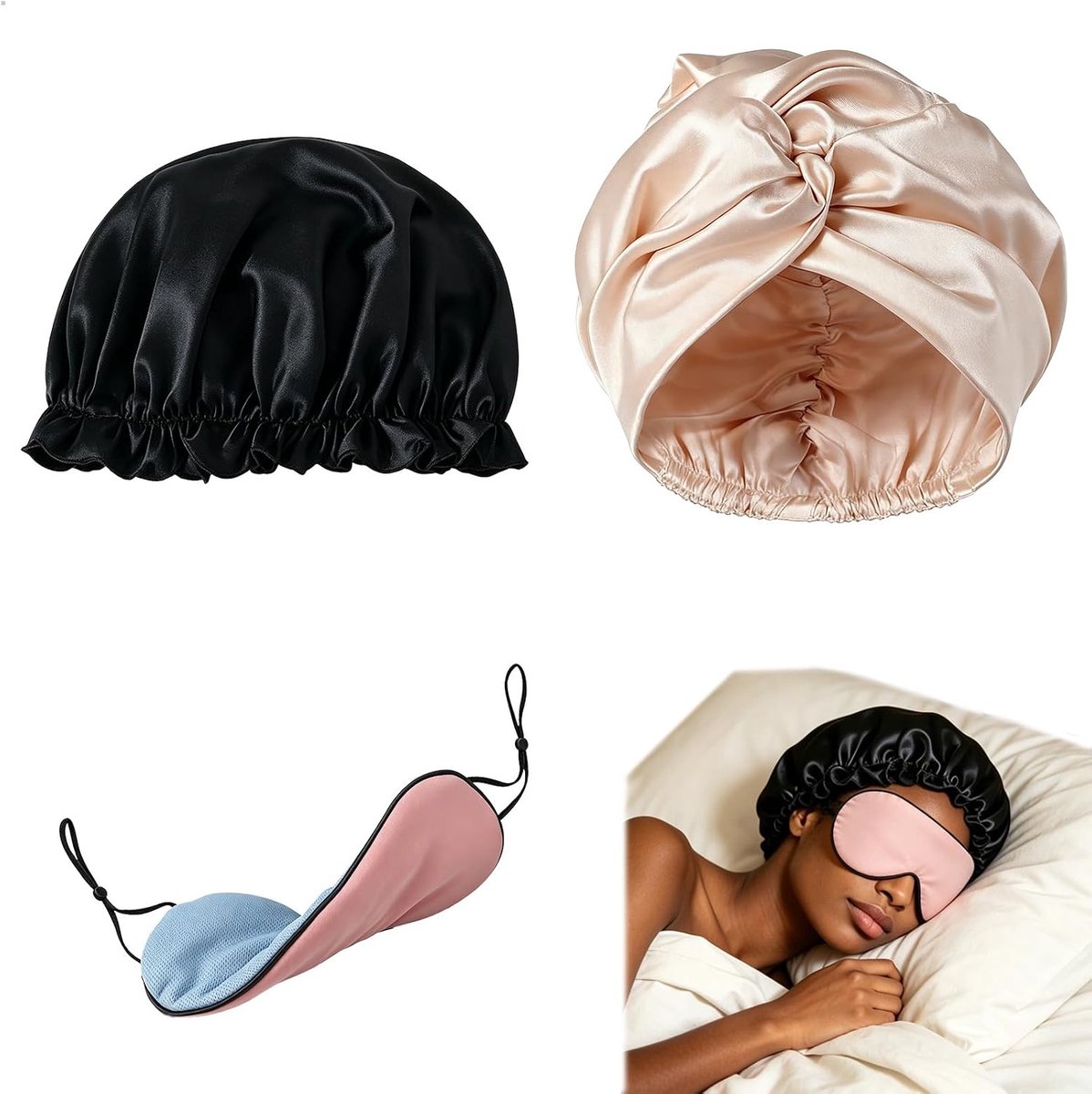 Set van 2 satijnen slaapmutsen voor dames en dubbelzijdige slaapmaskerset - 2-in-1 slaapmuts met kaki en zwart, verstelbaar koel-/verwarmend oogmasker voor lang haar, krullend haar, reizen