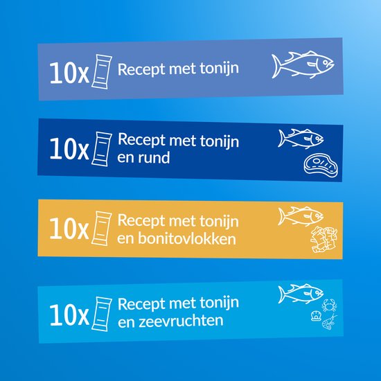 Overzicht van 4 smaken Churu kattensnacks: 10x recept met tonijn, 10x recept met tonijn en rund, 10x recept met tonijn en bonito, 10x recept met tonijn en zeevruchten.