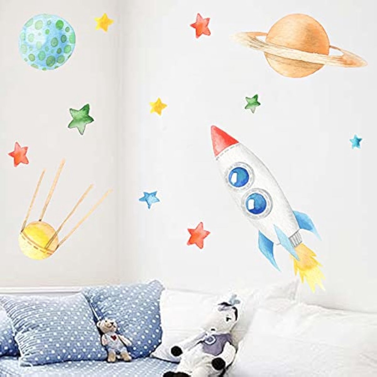 Ruimte-raket voor kinderkamer I 154 x 85 cm (B x H) I jongen meisjes sterren planeten muursticker wandsticker DIY muursticker babykamer