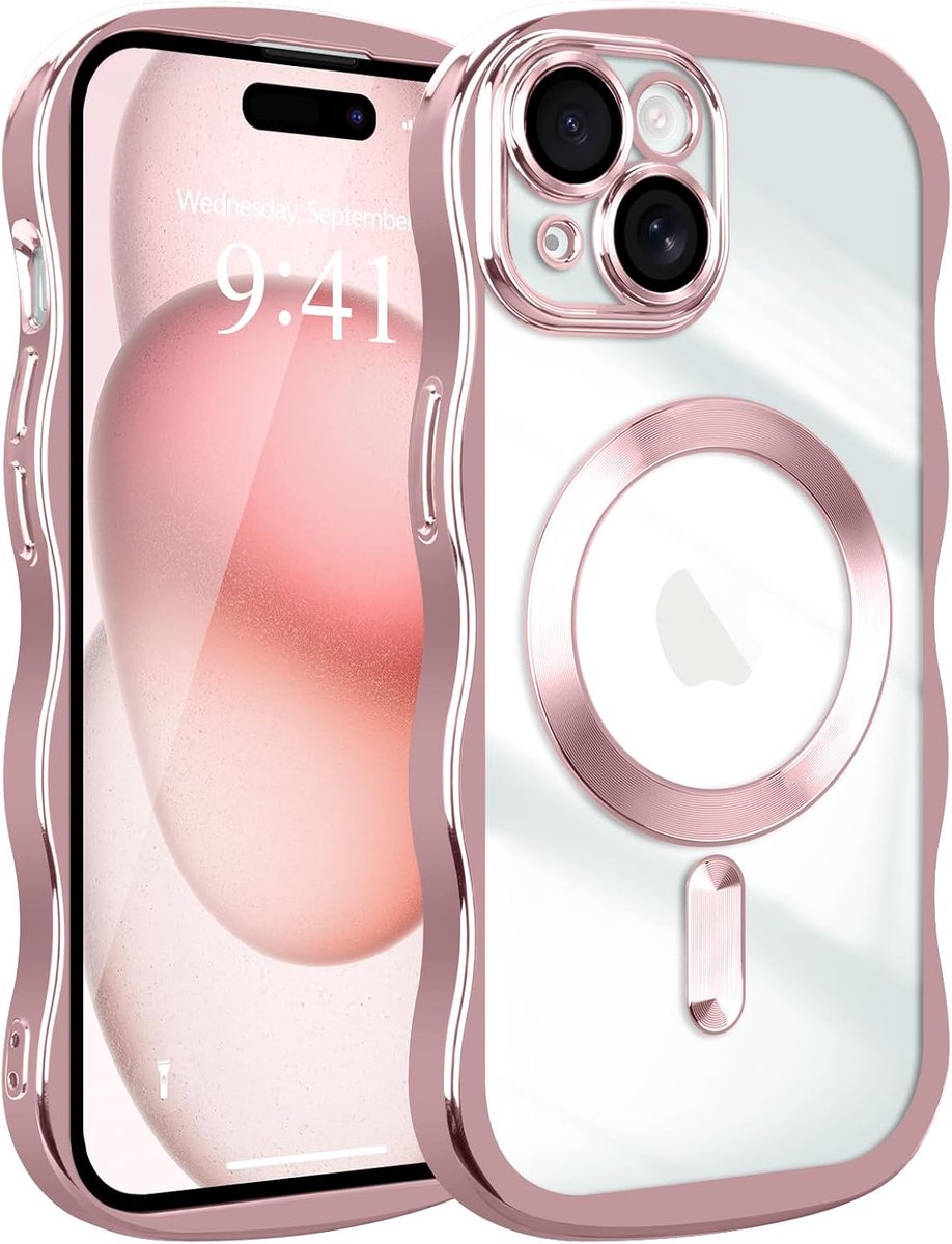Hoes voor iPhone 14/13, gegalvaniseerd golven frame, transparante telefoonhoes, compatibel met MagSafe, stootvaste beschermhoes met camerabescherming, roze