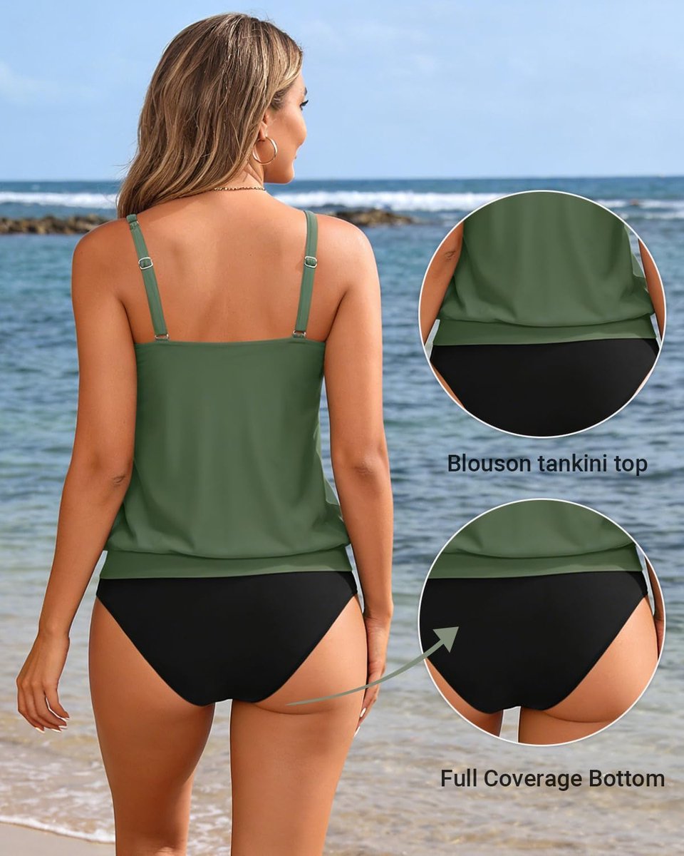 Blouson Tankini-badpak voor vrouwen, bescheiden badpakken, tweedelig, losse pasvorm, legergroen, maat XL