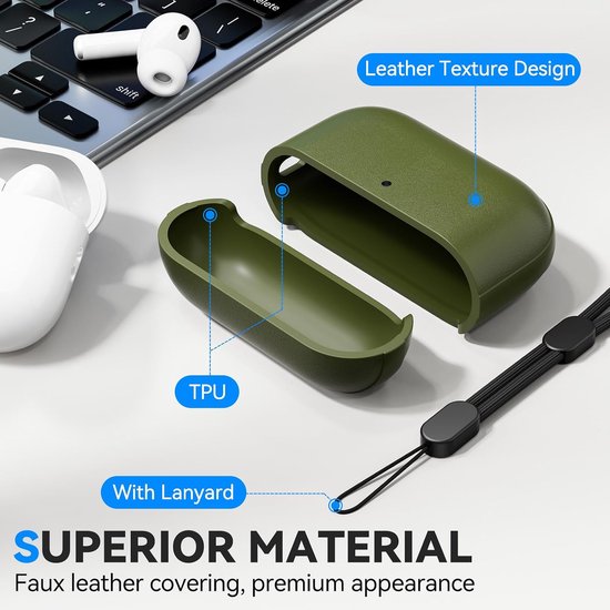 Valbeveiliging voor AirPods Pro 3 Hoes, Army Green - Val-, kras- en slijtvast. Bedraad & draadloos laden. Met reinigingspen en ketting. — afbeelding 2