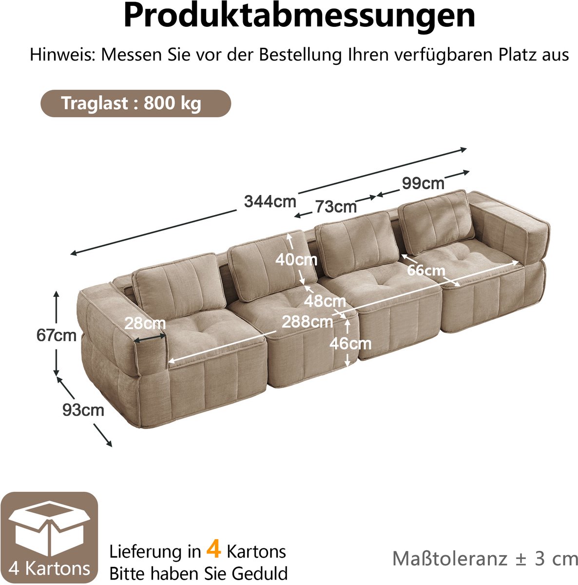MIVRAY Bank 4-Zits 344 x 93 x 67 cm - Modulair En Zonder Montage - Met Brede Armleuningen En Zachte Zitting - Voor Woonkamer - Polyester - Sand