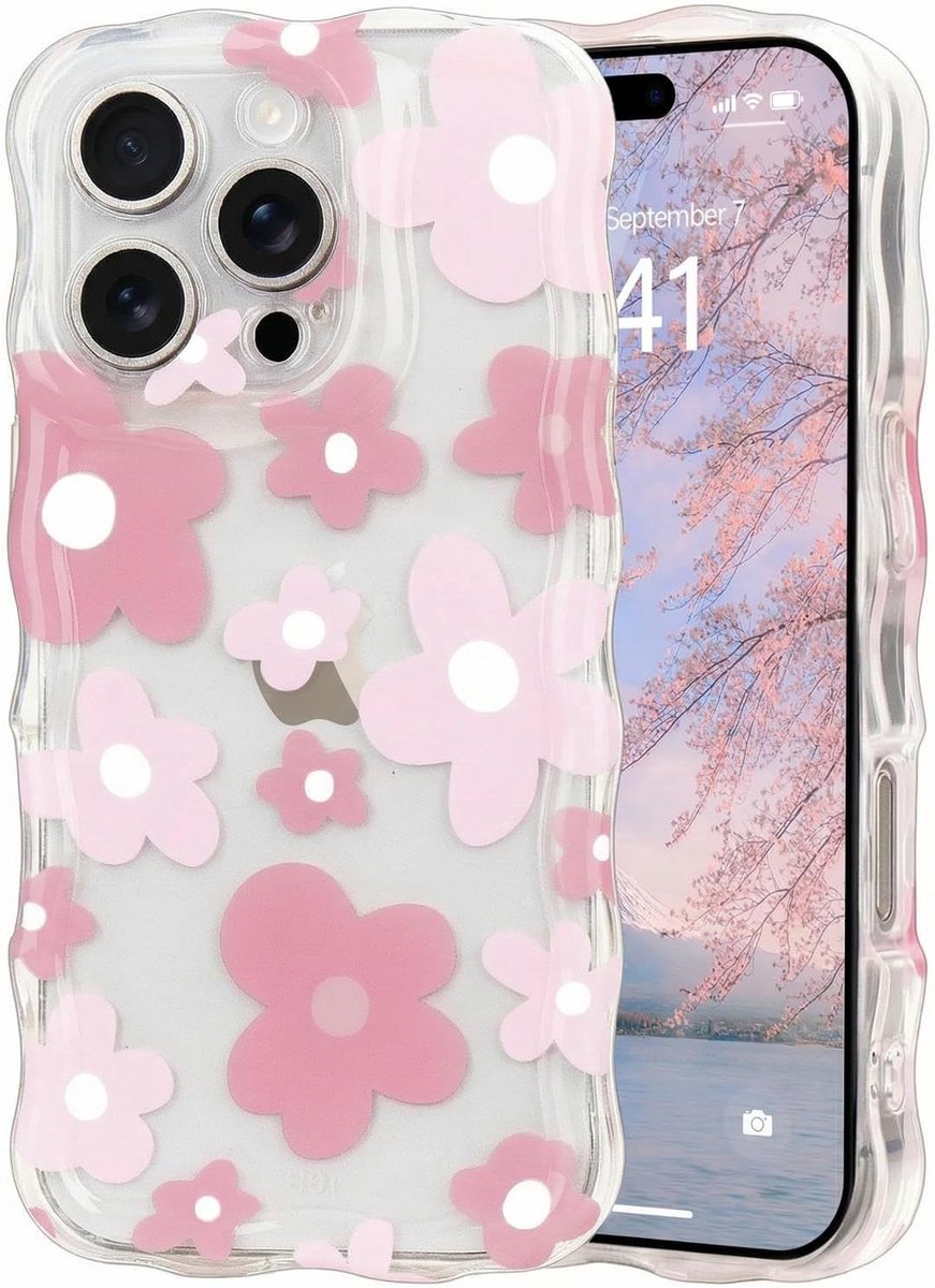 Transparent Case for iPhone 16 Pro Max Colorful Floral Pattern Waves Frame Shape Floral Silicone TPU Case for Girls Ultra Thin Scratch Resistant Protective Case,Pink