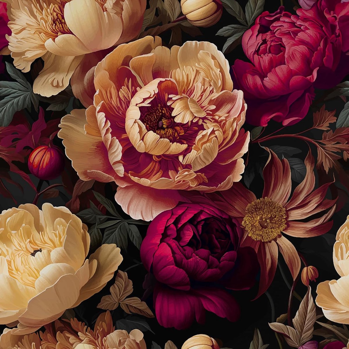 Behang, bloemen, rood, zwart, grote pioenrozen, vintage, 30,5 cm x 300 cm, plakfolie, meubels, behang, bloemen, fotobehang, woonkamer, slaapkamer, meubelfolie