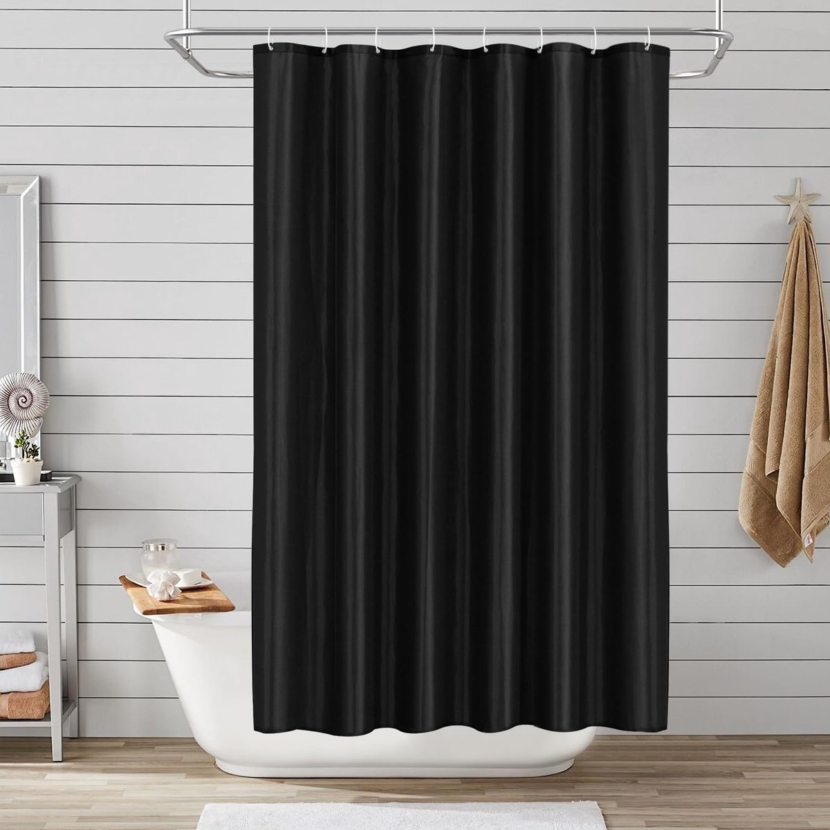 120x180 Badgordijn Polyester Textiel, Douchegordijn Anti-schimmel voor Badkamer, Gordijn voor Badkuip Douche uit Stof Waterdicht Wasbaar, Douchegordijn met 8 Hakjes Zwart