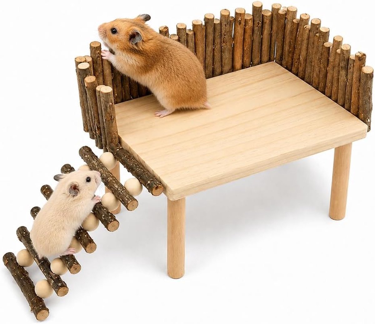 Klimplatform, hamsterplatform met ladder en omheining, kleine huisdierspeelplaats, klimrek van hout, kooiaccessoires voor germuis, eekhoorns, goudhamster, parror vogel