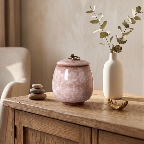 Lichtroze keramische urn met deksel en gouden ring, op een houten kastje naast een vaas met eucalyptus.