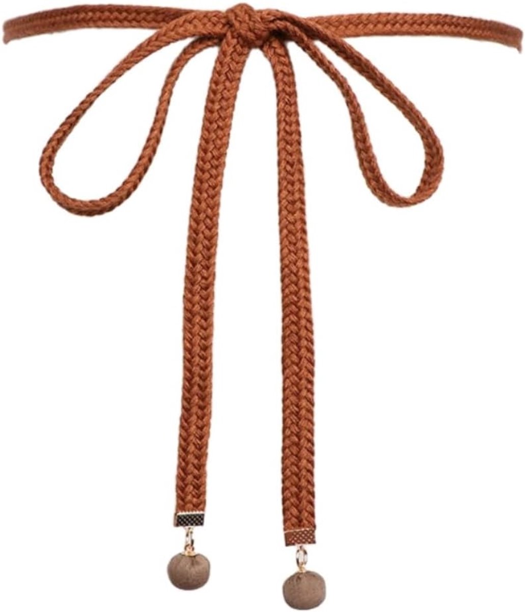 1 stuk gevlochten tailleriem voor dames, decoratieve tailleriem, kledingriem, smalle riem voor vrouwen, tailleketting, kettingriem voor jurk, jeans, rok, lange overhemden, 148 cm, camel