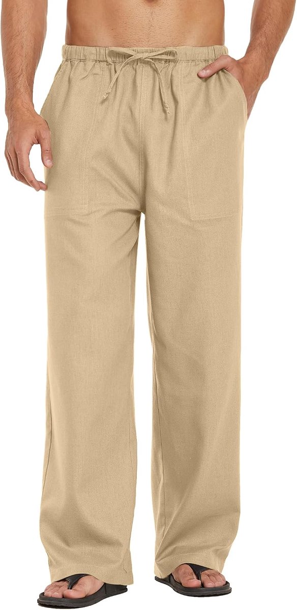 Lange linnen broek voor heren, lichte zomerbroek, strandbroek, elastische taille, yogabroek, vrijetijdsbroek met trekkoord, zakken, losse pasvorm