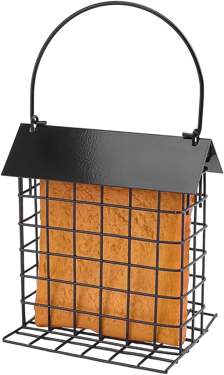 Suet Feeder voor buiten hangende ijzeren vogelvoeders Suet Cage Cage Houder met Weerbestendig Dak en Baars voor Wilde Vogelspecht Enkele Suet Kooi met Eekhoornbestendige Hanger voor Buiten Tuin