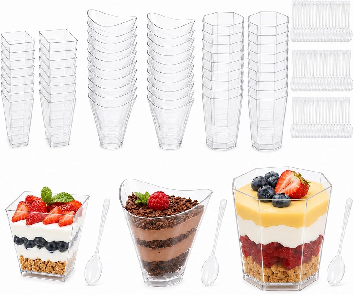 60 stuks dessertglazen, kunststof set met 60 lepels, 3 vormen, vierkant, driehoekig, achthoekig, dessertbekers, BPA-vrij, herbruikbaar, voor mousse, pudding, ijs, feest