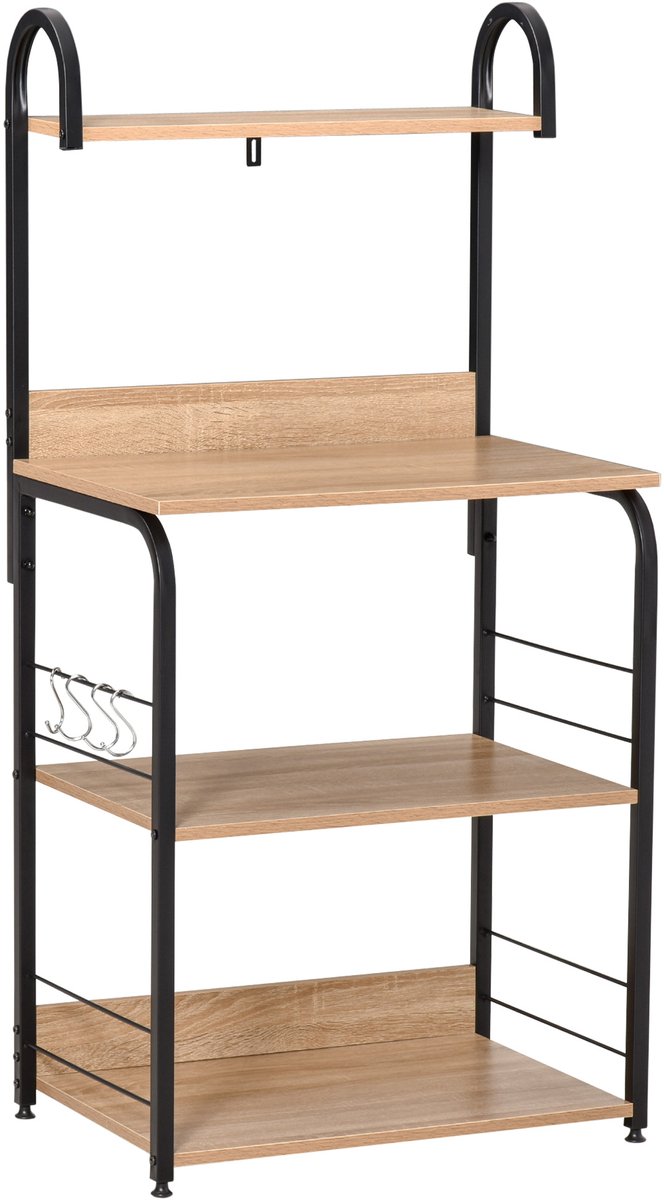 Keukenrek met 3 planken - natuurlijke houtlook - frame van staal - zwart -Magnetronkast - haken - dienblad
