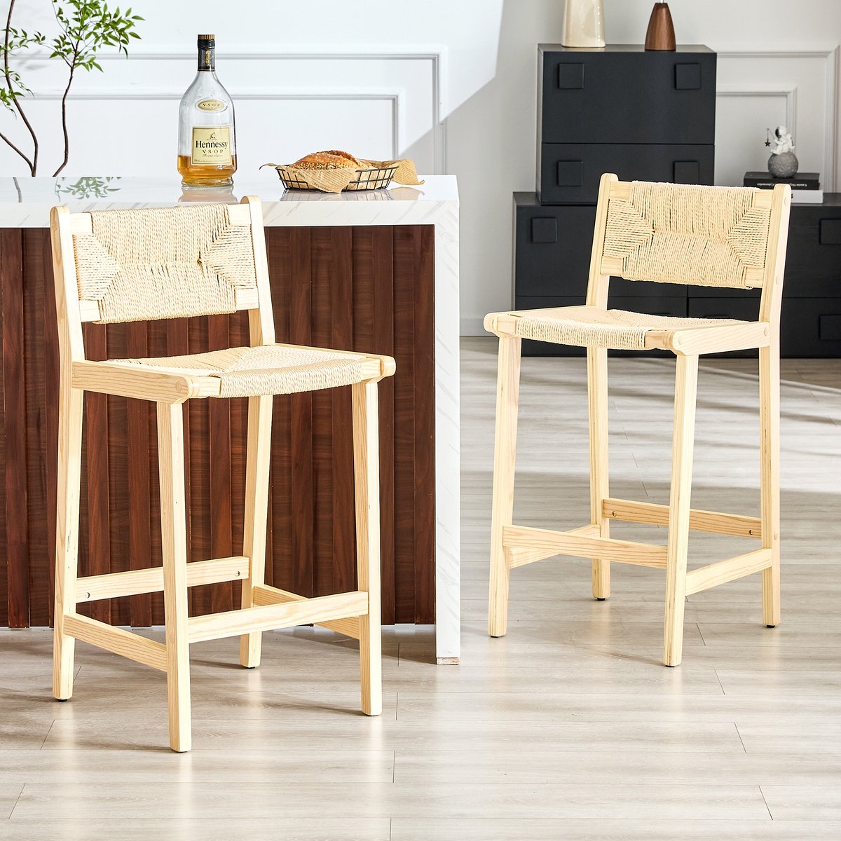 Barkruk Set van 2 89 cm - Handgeweven Geflecht Met Rugleuning - Voor Keukeneiland - Hout - Naturel