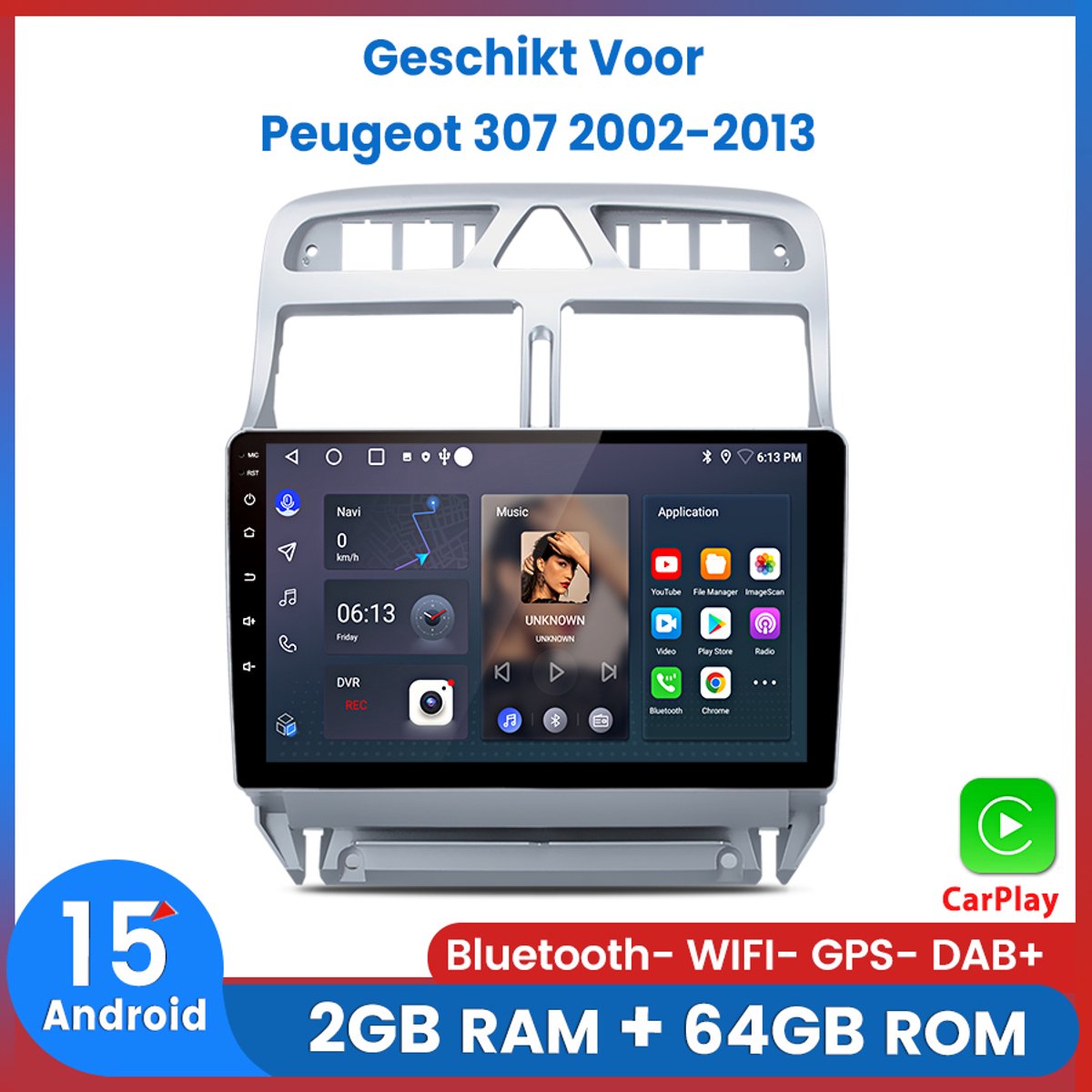 Awesafe Autoradio - Geschikt Voor Peugeot 307 2002 t/m 2013 - Carplay & Android auto - Android 15.0 Systeem - 2GB+64GB - GPS Navigatie Bluetooth WIFI - 2003 2004 2005 2006 2007 2008 2009 2010 2011 2012 2013
