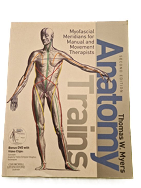 Boekomslag van 'Anatomy Trains' met anatomische tekening van het menselijk lichaam en de myofasciale meridianen.