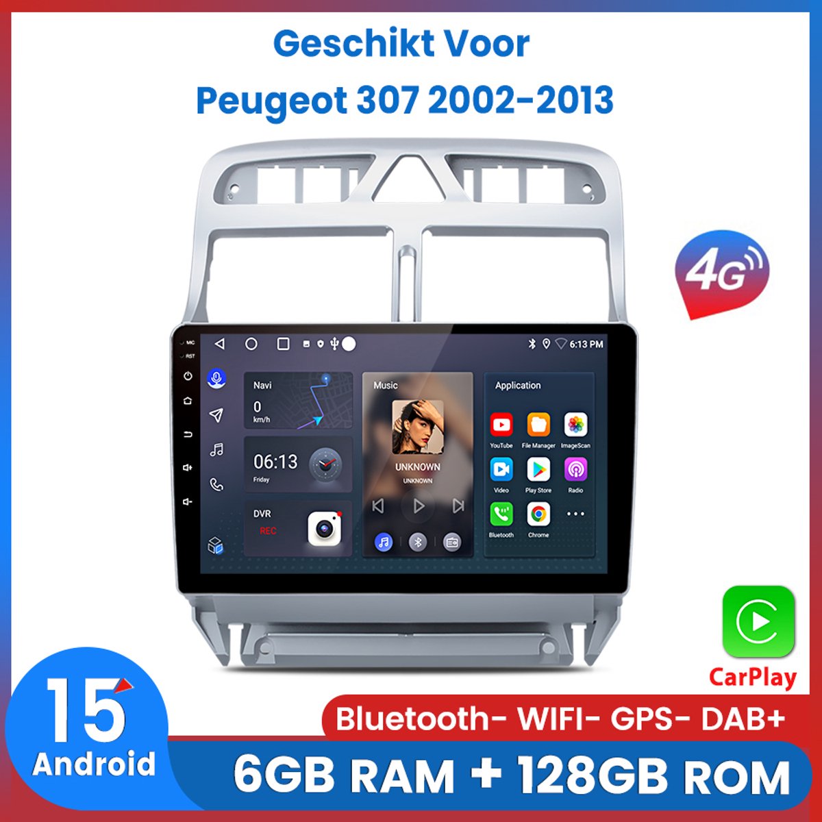 Awesafe 6+128GB Android15 Carplay Autoradio - Geschikt Voor Peugeot 307 2002-2013 - Draadloze Carplay Android Auto - Touchscreen - GPS Navigatie 4G WiFi - Bluetooth Radio