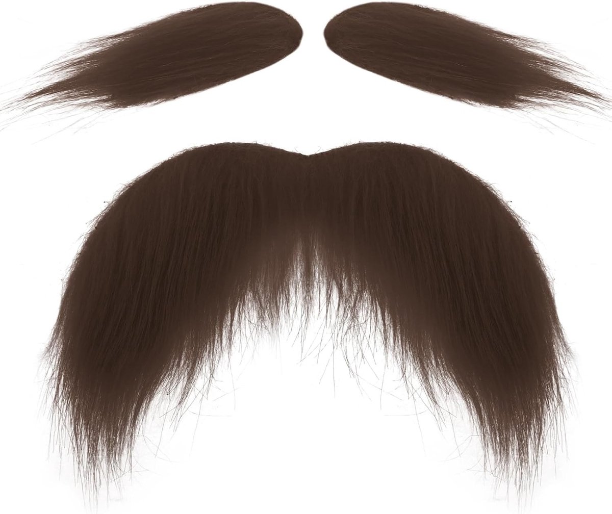 Artificial beard in koffiekleuren met wenkbrauwen, snor en haarstuk - kostuumaccessoires voor feesten en Halloween cosplay