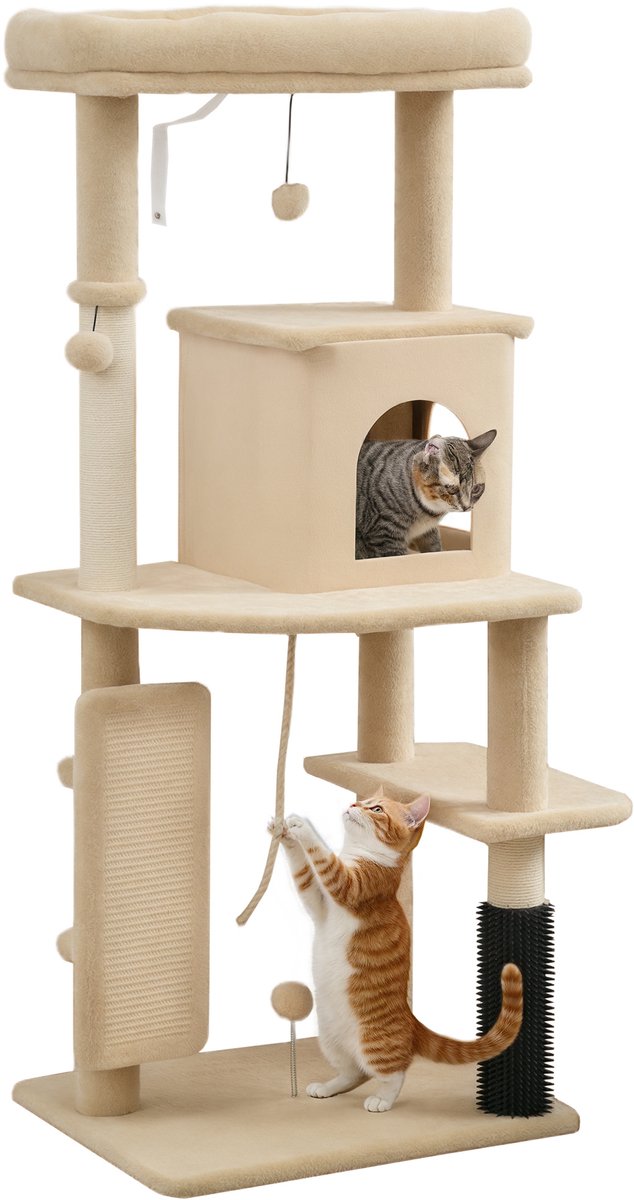 Kattenklimrek van 132 cm hoog – inclusief krabplank – kussentje – kattenmand – kattenhuisje – springplatform – vachtborstel – anti-kantelkit – beige