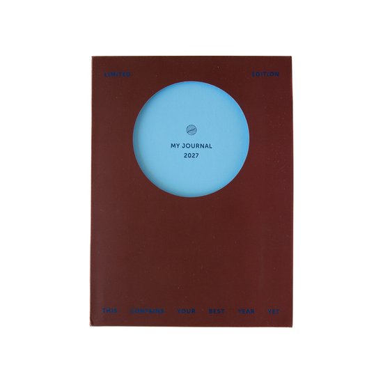 Bruin 'My Journal 2027' notitieboek met blauwe cirkel en tekst 'Limited Edition'.
