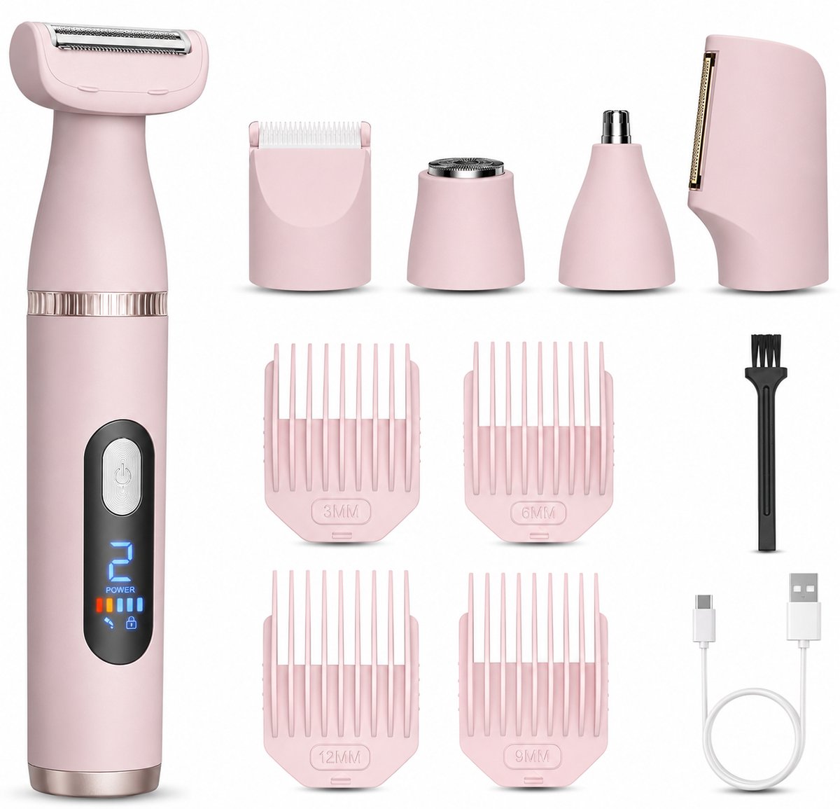 Elektrisch Scheerapparaat Dames 5-in-1 - Bikinitrimmer, Gezichts- & Neustrimmer - Dual-Speed - LED Display - USB Oplaadbaar