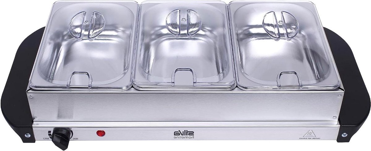 Buffetwarmer Warmhoudplaat - 2-in-1 Apparaat - Gerechten Warm Houden - Traploze Temperatuurregeling - 3x 15 Liter Bakken - Zilver