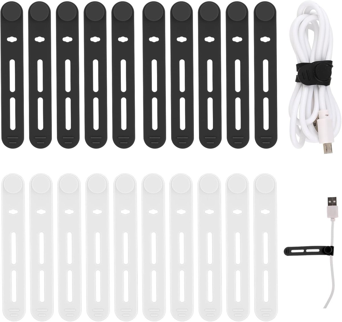 Herbruikbare Siliconen Kabelbinders - Zwart en Wit - 8 cm - Flexibele Kabelorganisator voor Thuis en Kantoor