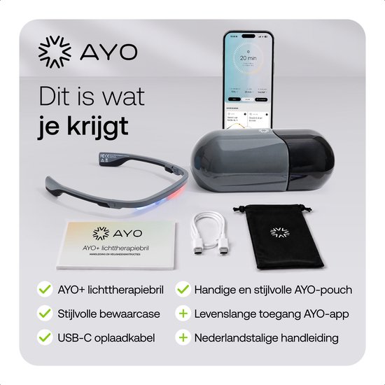 AYO+ lichttherapiebril, pouch, oplaadkabel en handleiding op een witte achtergrond.