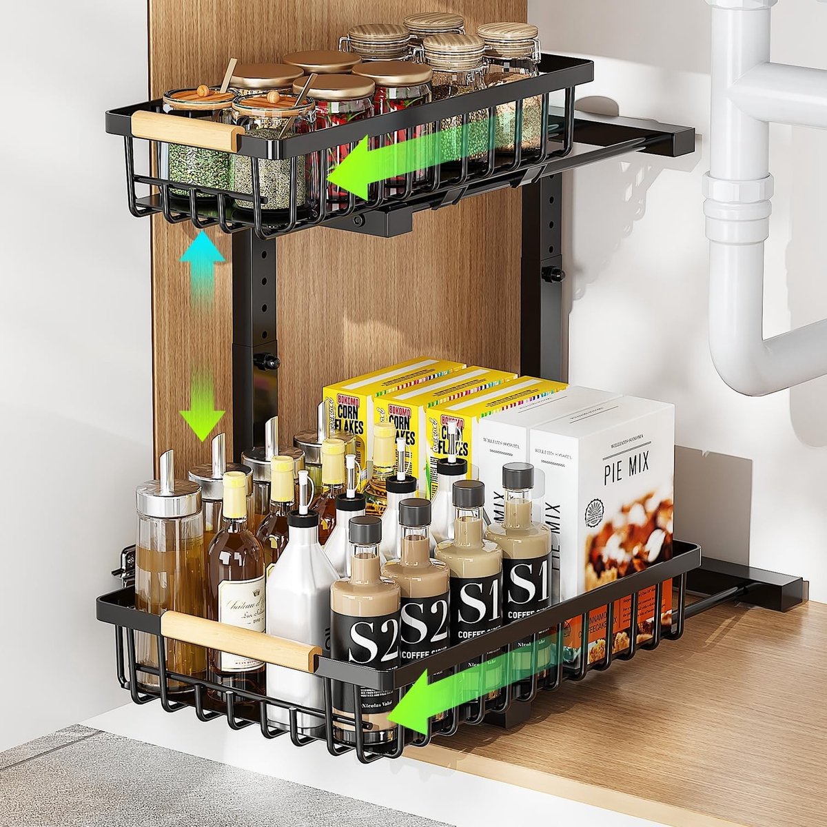 Opbergsysteem keukenkastjes - Zwart - 29,5 x 39,2 x 42,5 cm - Verstelbaar Uittrekbaar Opbergrek van Koolstofstaal - Voor Keuken en Badkamer