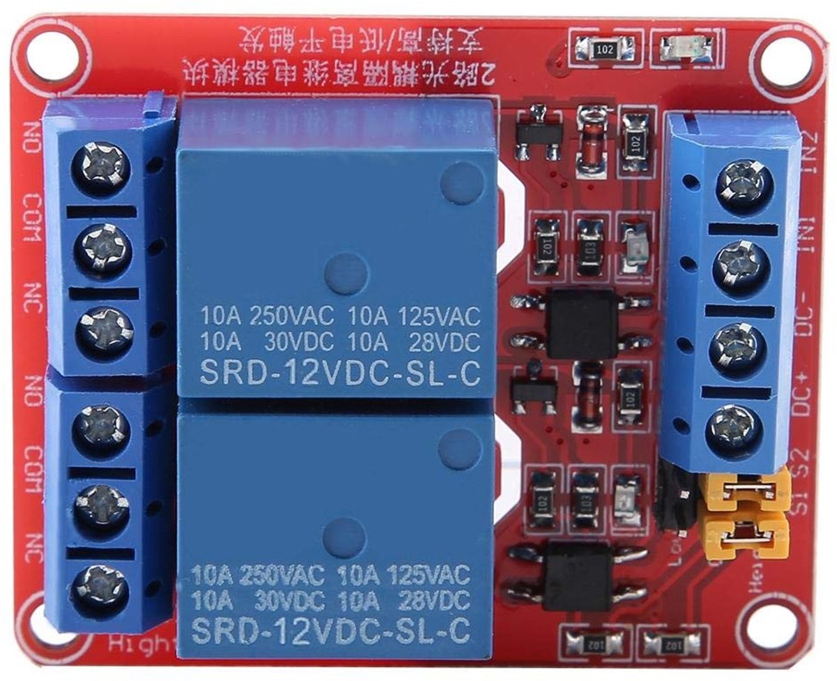 2-Kanaals Isolatie Relay Module met Optocoupler voor Hoog en Laag Niveau Trigger, 5/12/24V, 1 Stuk