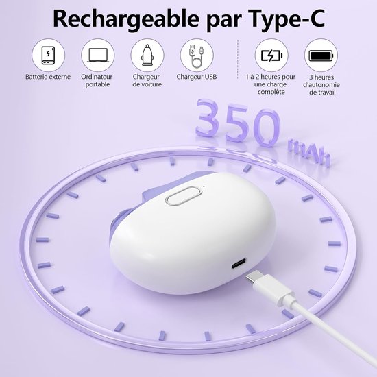 Paarse en witte elektrische nagelknipper met Type-C oplaadpoort, 350mAh batterij, 1-2 uur opladen, 3 uur autonomie.
