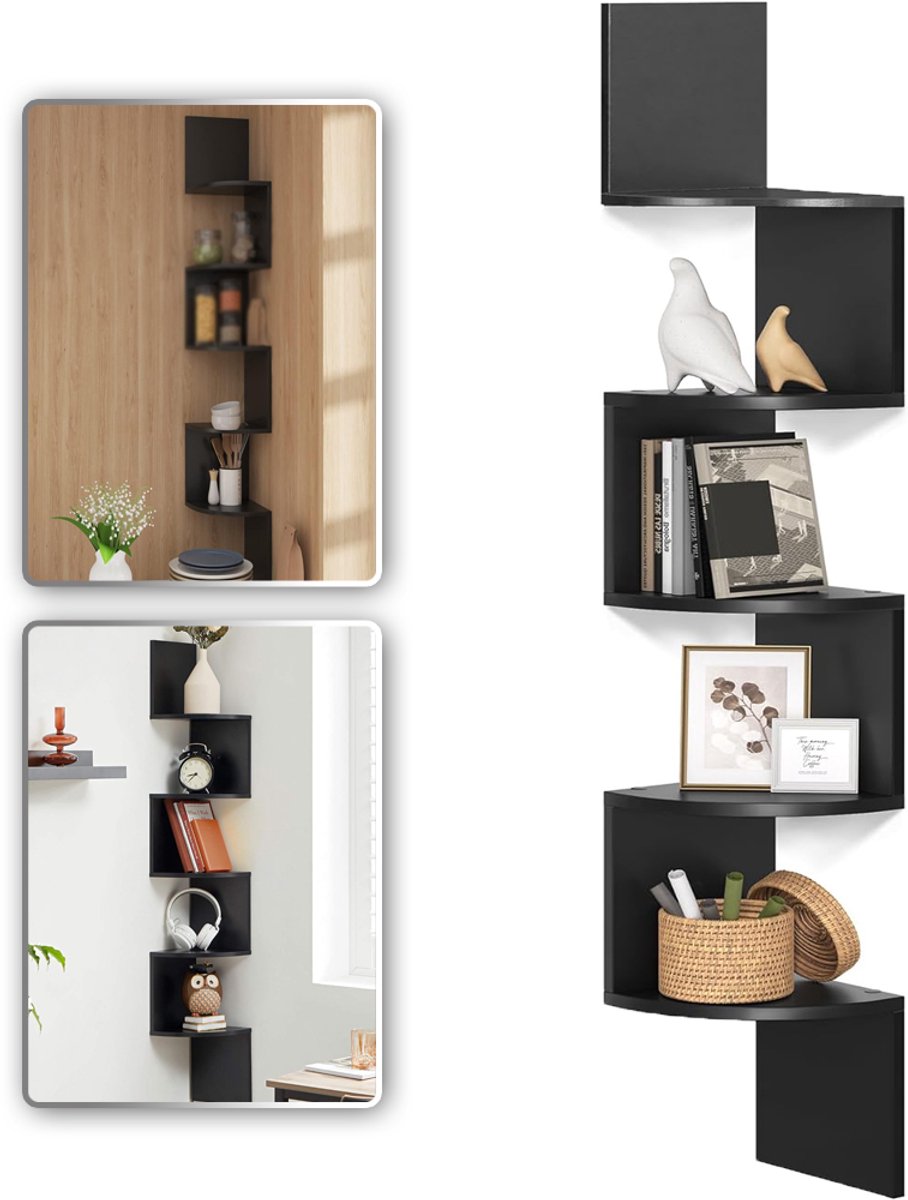 Zwart 5-Laags Opbergrek - PVC-Hout-Kunststof 6 kg per Plank Slanke Hoekmontage - Montage Zonder Gereedschap 126 cm Hoog - Voor Badkamer, Woonkamer En Slaapkamer
