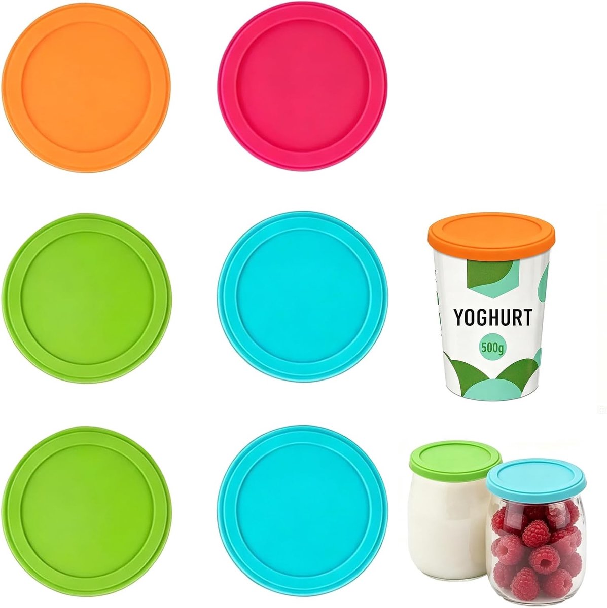 Set van 6 Herbruikbare Siliconen Deksel voor Yoghurtbekers, Luchtdicht en Lekvrij, Ideaal voor 150-500g Bekers, Duurzaam en Makkelijk Schoon te Maken
