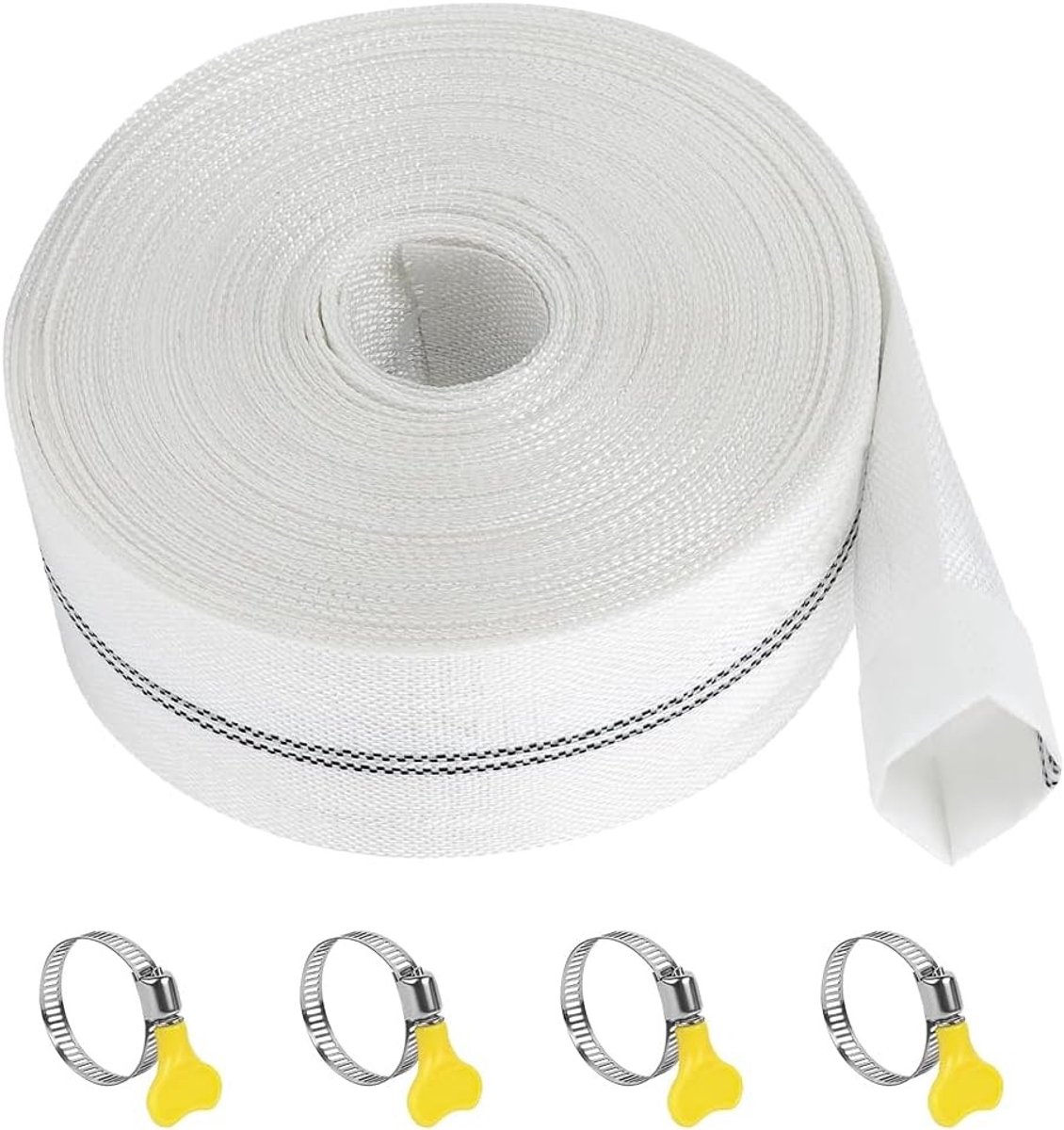Woven Tuinslang 20 m, Diameter 38 mm, Vlakke Afvoerslang, Pompenslang met 4 Klemmen, Ideaal voor Tuinirrigatie, Zwembaden en Landbouw