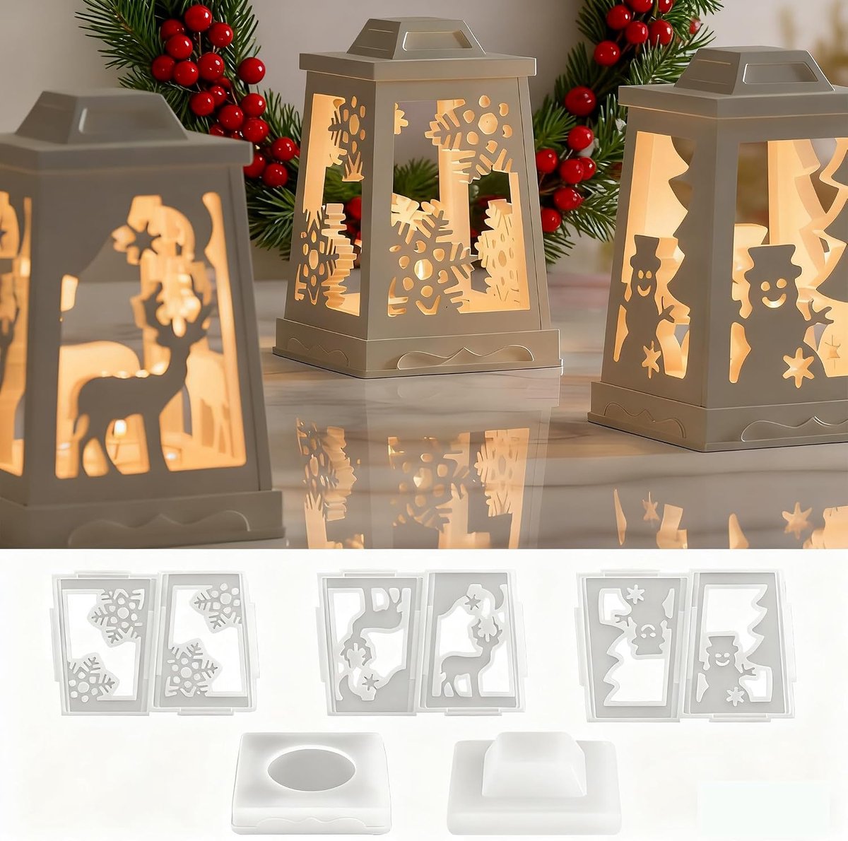 Siliconen vorm kerstlantaarns - gietvormen Kerstmis met Kerstmis eland / sneeuwvlok / sneeuwpop kaarsenhouder, herbruikbaar, perfect voor doe-het-zelf knutselen, kerstdecoratie en
