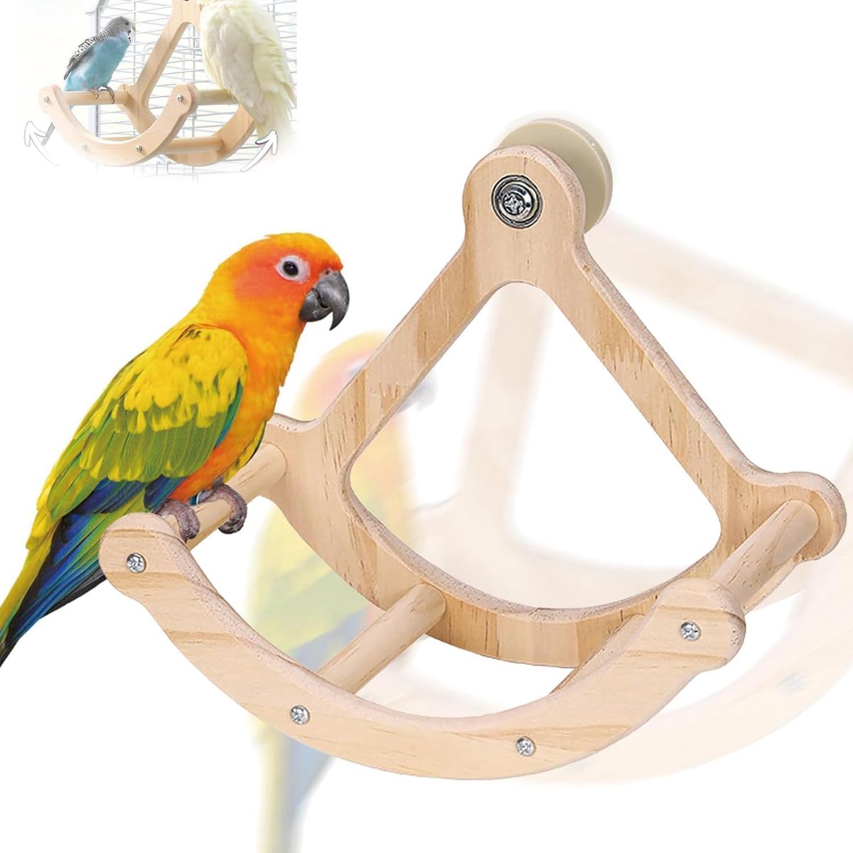 Speelgoed, hangend vogelspeelgoed, houten vogelspeelgoed, schommel met draaiwiel, papegaaienspeelgoed, natuur, interactieve zitplank voor papegaaien, parkieten, vogels, kamervolières