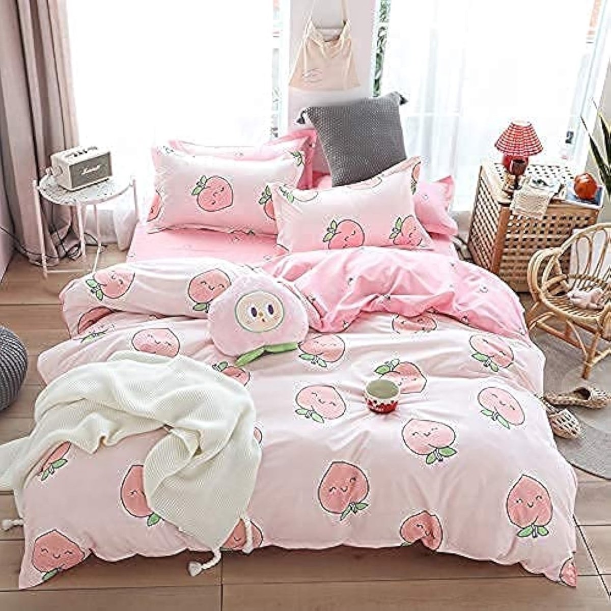 Dekbedovertrek Set Roze Perzik Kid Kawaii Beddengoed Set Meisje Mooie Perzik Dekbedovertrek Leuke Fruit Dekbedovertrek Tropische Plant Beddengoed Omkeerbaar Zacht Beddengoed & Linnen Dubbele