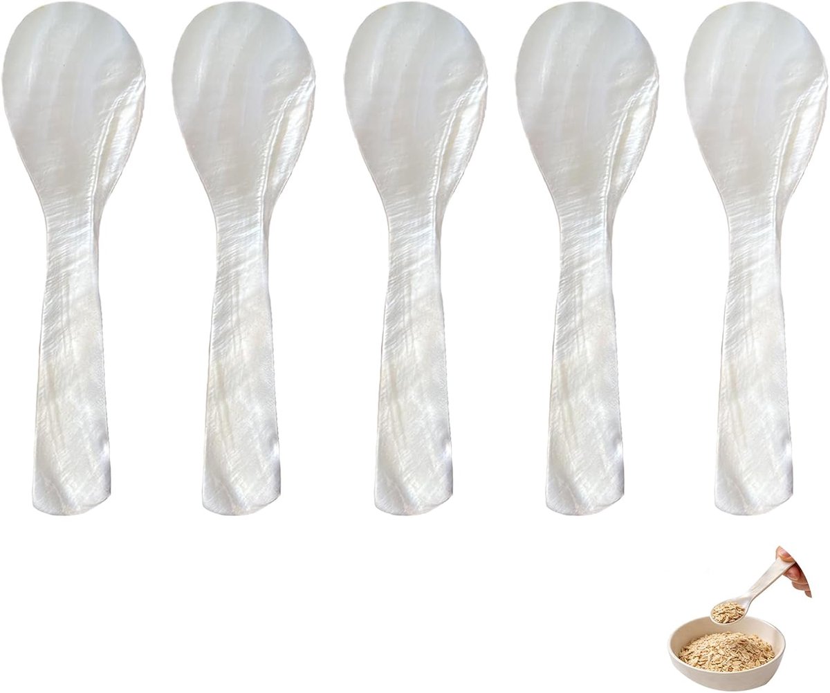 5 stuks eierlepels parelmoer, parelmoer lepel, kaviaarlepel, kaviaarlepel | schelplepel, voor koffie, zout, suiker, cake, jam, kaviaar, ijs, kiwi, ei, 8 cm