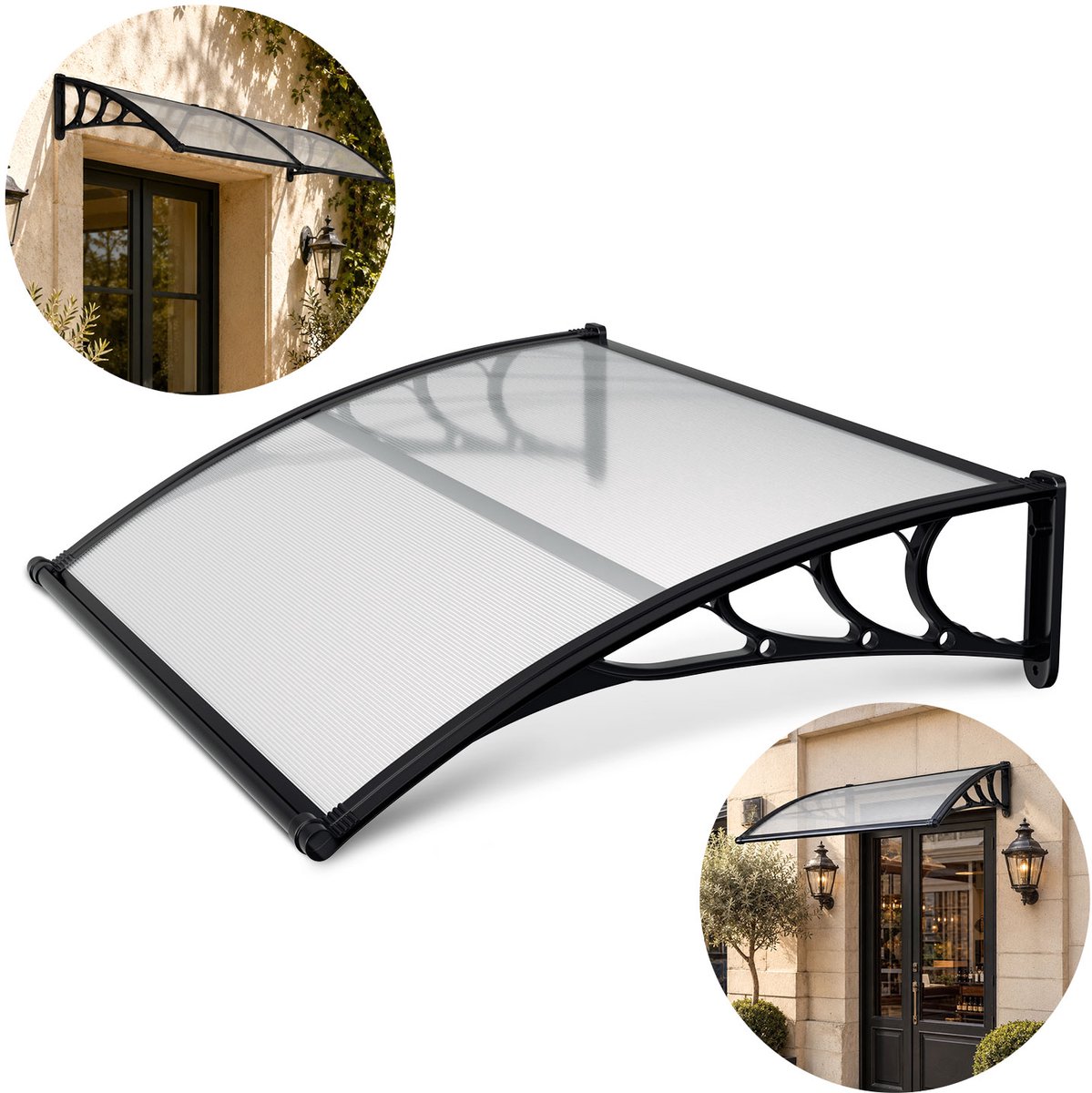 Voordeurluifel 150 x 100 cm - zwart frame - transparant