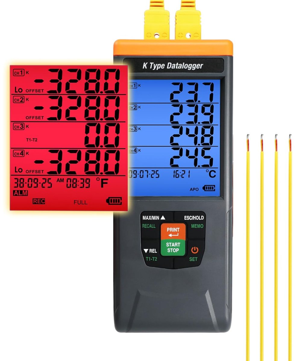 4-Kanaals K-type Thermokoppel Temperatuur Datalogger 328~2498℉ (-200~1370℃) met Hoorbare/Zichtbare Alarmen, GLP Beveiliging, 48K Records Muur | Desktop Mount voor HVAC, Laboratorium, Industrieel